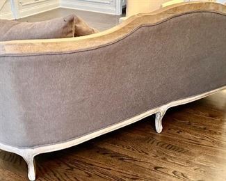 Mocha Grey French Provincial Sofa with Wood Trim & Legs
84”w x 24”d x 36h (18” floor to seat)
$650