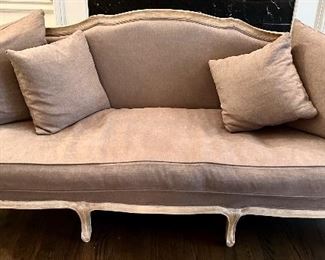 Mocha Grey French Provincial Sofa with Wood Trim & Legs 84”w x 24”d x 36h (18” floor to seat)
$650