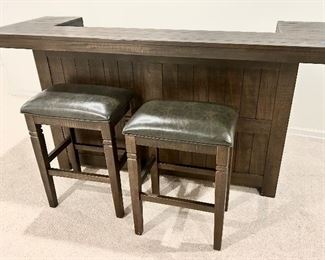 Wood plank bar 80”w x 28d x 42 h with wine rack, drawers, storage & FOOTRAIL  (not shown) 2 barstools 
21w x 15dx 30”h - $750 for set