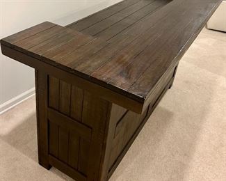 Wood plank bar 80”w x 28d x 42 h with wine rack, drawers, storage & FOOTRAIL  (not shown) 2 barstools 
21w x 15dx 30”h - $750 for set