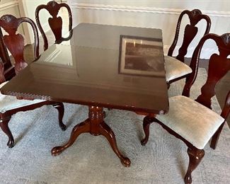 Cherrywood 65.5 x 42”w x 30”h double pedestal dining table w/ (2) 12” leaves, 4 Upholstered Seat Chairs $495