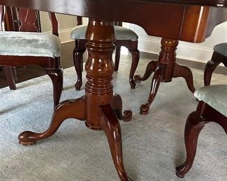 Cherrywood 65.5 x 42”w x 30”h double pedestal dining table w/ (2) 12” leaves, 4 Upholstered Seat Chairs $495