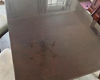 Cherrywood 65.5 x 42”w x 30”h double pedestal dining table w/ (2) 12” leaves, 4 Upholstered Seat Chairs $495