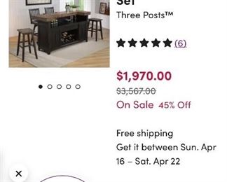 Wood plank bar 80”w x 28d x 42 h with wine rack, drawers, storage & FOOTRAIL  (not shown) 2 barstools 
21w x 15dx 30”h - $750 for set