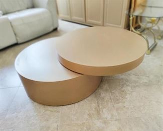 RARE COFFEE TABLE, WOOD, GOLD FINISH, TOP SWINGS OUT TO MAKE A STATEMENT !