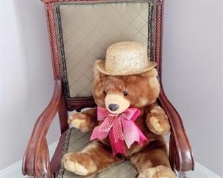 WONDERFULLY CARVED SIDE CHAIR WITH MR. TEDDY BEAR, GOLD GLITTER TOP HAT