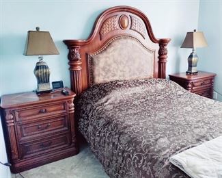 HANDSOME QUEEN BED, WITH GREAT CARVINGS, SUEDE  ACCENT PANELS, 2 BEDSIDE  TABLES & HUGE ARMOIRE WITH VLOTHING BAR