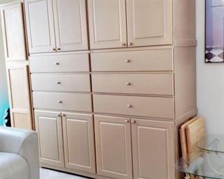 HUGE SOLID WOOD, CUSTOM MADE, GOLD FINISH, STORAGE CABINET - FABULOUS PIECE ! DRAWERS, SLIDE OUT DRAWERS, TONS, TONS OF STORAGE