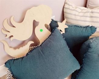 WOOD MERMAID, READY TO BE PAINTED,  LARGE SELECTION OF PILLOWS, IN BLUES, DOWN