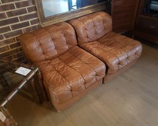 Vintage MCM cognac leather arm chairs by de Sede, some slight wear and tear