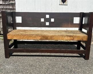 Oak Settee with Square Cut Outs, Unsigned, Attributed to Brooks Furniture