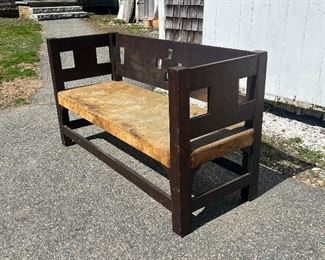 Oak Settee with Square Cut Outs, Unsigned, Attributed to Brooks Furniture- Side View