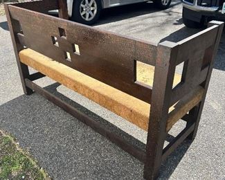 Oak Settee with Square Cut Outs, Unsigned, Attributed to Brooks Furniture- Rear View