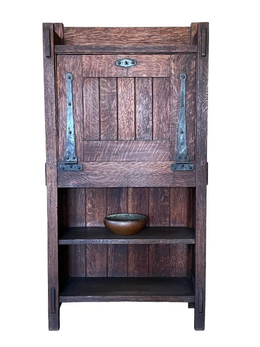 Rare Gustav Stickley Writing Desk #518 Signed, Wrought Iron Kay Plate and Strap Hinges, Original Untouched Fumed Finish. See more pics below