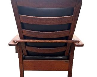 L & JG Stickley Morris Chair- Signed, 6 Slats Under Arms, 4 Curved Back Slats. Rear View.