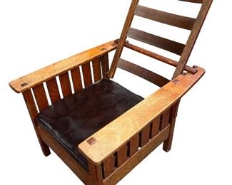 L & JG Stickley Morris Chair- Signed, 6 Slats Under Arms, 4 Curved Back Slats.