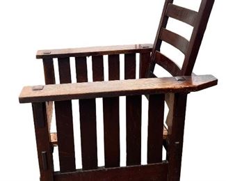 Attributed to Gustav Stickley Morris Chair- 5 Slat Under Arm. Side View.