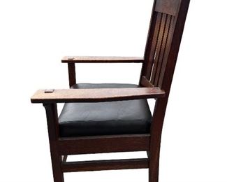L & JG Stickley Arm Chair #816- 6 Vertical Slat Back, Original Finish, Spring Seat, New Leather, Signed. Side View. 