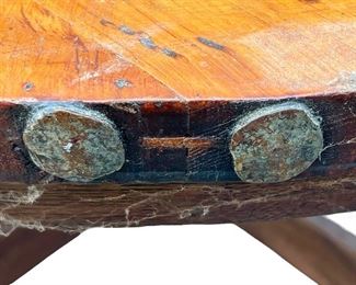 A Lot of Character in this Round Chestnut Table- Splined Top, Tack Heads on Table Edge. 40" in Diameter. Detail.