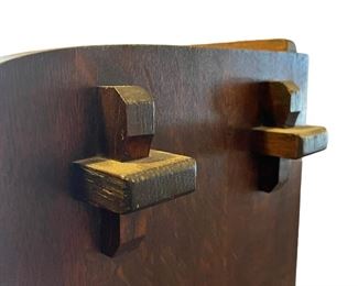 L & JG Stickley 2 Door Bookcase #645- Copper Hardware, Mortised and Keyed, Burned in Mark, "Work of L & JG Stickley." Detail.