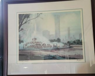 Framed Buckingham Fountain Artwork, Signed by Tom Lynch.