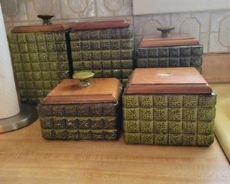 Textured Olive Green Cannisters, 2 Missing Handles