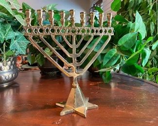 Brass Hanukkah Menorah with Star of David details 