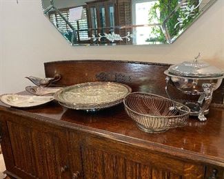 Silver plated serving ware: Lazy Susan / revolving tray, gravy boat, chafing dish etc...