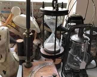 Italian hour glass on wooden box with brass stand, Dietz lanterns