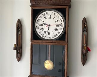 Antique clock (needs glass over clock) with primitive candle sticks