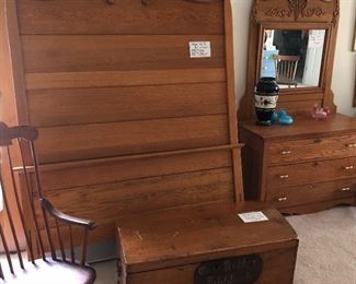 Eastlake Bed, dresser, primitive blanket chest, rocker, Gail Pittman vase, Fenton dresser set in two colors.