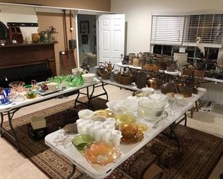 Depression glass, milk glass, copper, crocks, duck decoys,  RR lanterns, and more