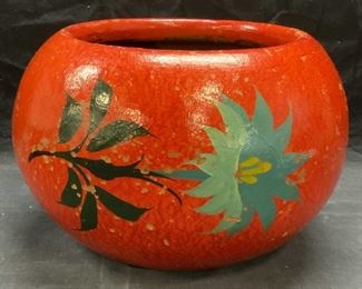 Red Hand Painted Floral Terracotta Planter, Mexico
