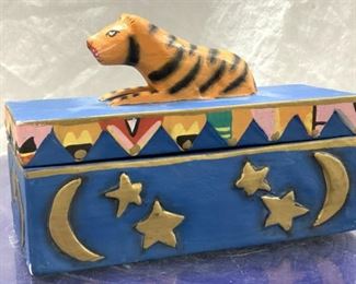 Hand Crafted & Painted Wood Trinket Box w Tiger
