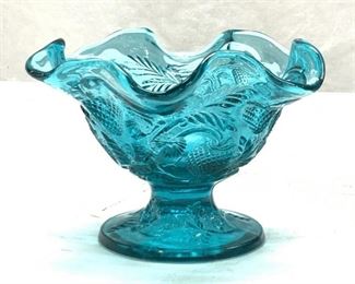 Signed Teal Furled Embossed Glass Bowl

