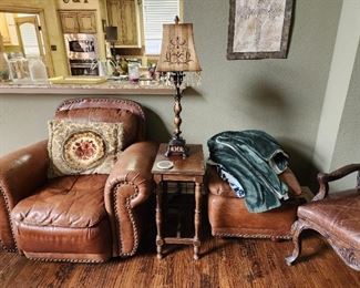 Leather chair, ottoman and side table