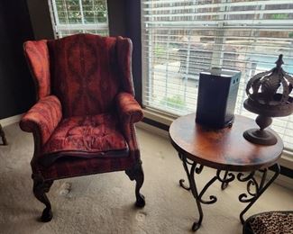 Leather and cloth chair, round side table