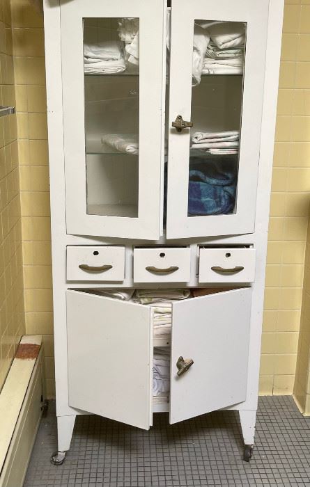 Antique Metal and Glass Medical Cabinet with drawers