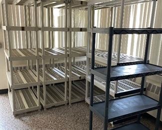 Shelving - Plastic, wood, wood with doors.