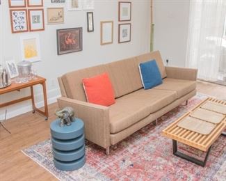 G. Nelson MCM upholstered sofa w/chrome legs.  Excellent condition!  Firm cushion & sits deep (seat height: 17”, arm height:  22.5” & back height:  29.5”)  Sofa is:  (82”w x 30.5”d):  $1,850.00  SOFA, BAR, BLUE SIDE TABLE:  SOLD