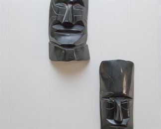 MCM carved wood/painted wall decor masks (top:  18"l,  bottom:  17"l):  $60.00 for the pair