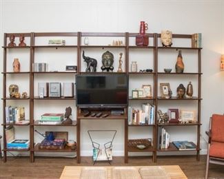 Modular MCM Shelving System.  Fine hardwood- Poplar.  (5 sections:  3 @ 27.5”w x 77”h x 8”d@ top & 14”d @ bottom.  2 sections @ 17”w x 77” h x 8”d  @ top & 14”d @ bottom.  Total width of shelving system:  116.5”). Entertainment/desk depth:  22.5”.:  $900.00  LARGE SHELVING UNIT:  SOLD.  Many other items in this photograph still available.