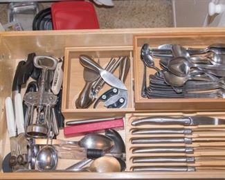 Vtg. Bakelite and wood handle utensils.  Vtg. MCM Ron Elite Stainless Flatware set.