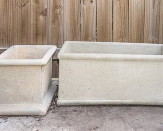 Left to right:  Cement planter (14.5"h x 13.5" squared:  $40.00.  Lg cement planter (14.5"h x 33.5"w x 13.5"d):  $90.00