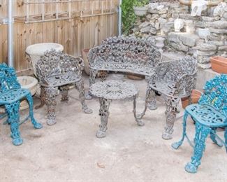 Antique Cast Iron (4) pc Patio set.  Original color:  $840.00.  Blue Antique Cast Iron chairs:  $380.00