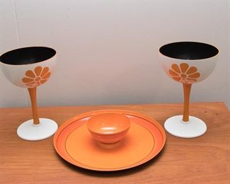 1970's Retro Lacquerware.  Margarita glasses:  $26.00 ea.  Serving tray w/dip cup:  $48.00