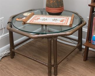 Custom made copper and glass side table.  Octagon shape, 8 legs w/stretcher.  Beveled glass top rests on cooper edges.  Glass top:  (26.5" dia)  Table Frame (16"h x 29"dia):  $280.00