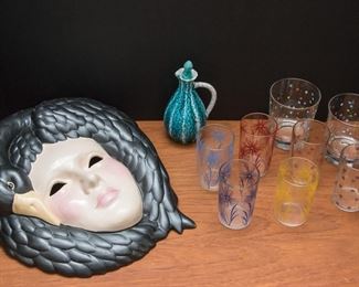 Left to right:  Vtg. ceramic Art wall decor:  $110.00.  Italian Cruet:  $12.00.  Vtg. 1950's Hazel Atlas voice glasses (4):  $24.00.  Party polka dot scotch glasses (2):  $12.00