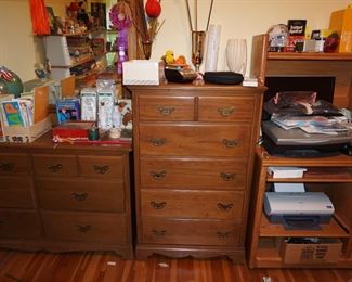 dresser, chest of drawers, computer desk, printers, monitor, keyboards