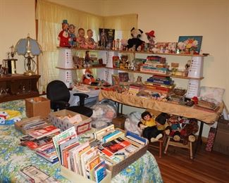 vintage toys, books, paper dolls, Mr. Chimps, Dolls, books, maps, Barbies, Shirley Temple Doll, puzzles, 